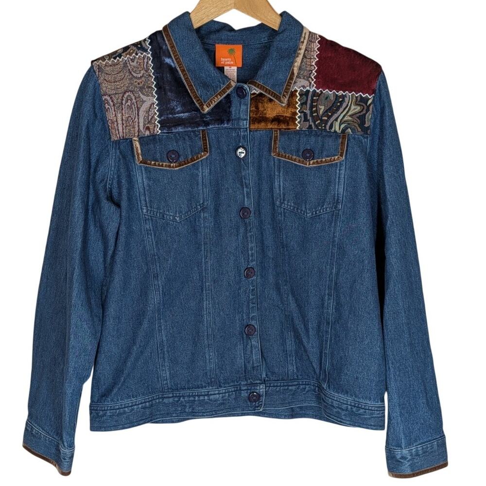 Denim Jean Jacket Women’s Size 10 Hearts Of Palm Embellished Velvet Patchwork